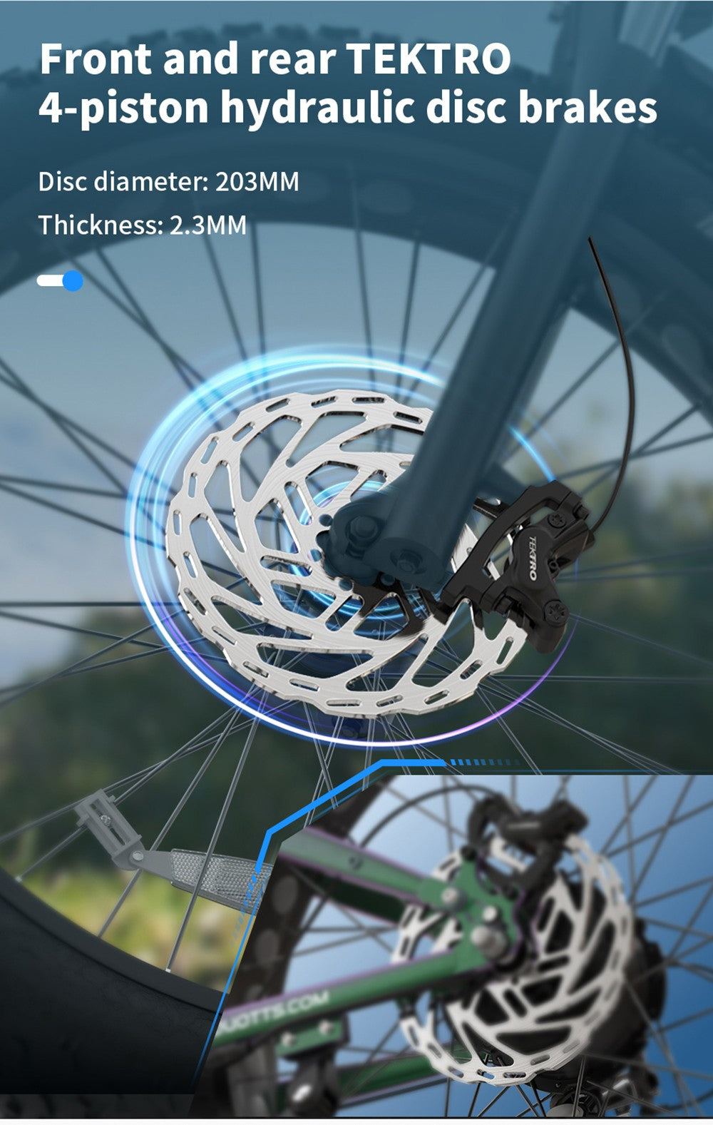 Elektrokolo DUOTTS E26, motor 750 W, baterie 48 V 20 Ah, pneumatiky 26 x 4,0 palce, maximální rychlost 55 km/h, maximální rychlost 120 km, hydraulické kotoučové brzdy, odpružení vpředu a vzadu, řazení Shimano 8 rychlostí - zeleno-fialové