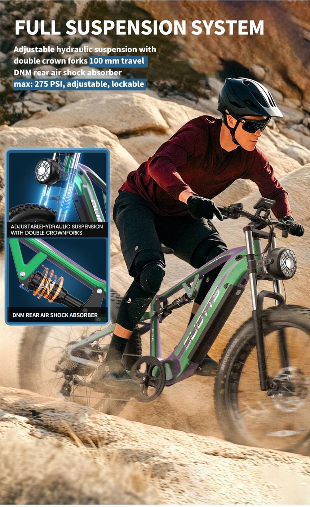 Elektrokolo DUOTTS E26, motor 750 W, baterie 48 V 20 Ah, pneumatiky 26 x 4,0 palce, maximální rychlost 55 km/h, maximální rychlost 120 km, hydraulické kotoučové brzdy, odpružení vpředu a vzadu, řazení Shimano 8 rychlostí - zeleno-fialové