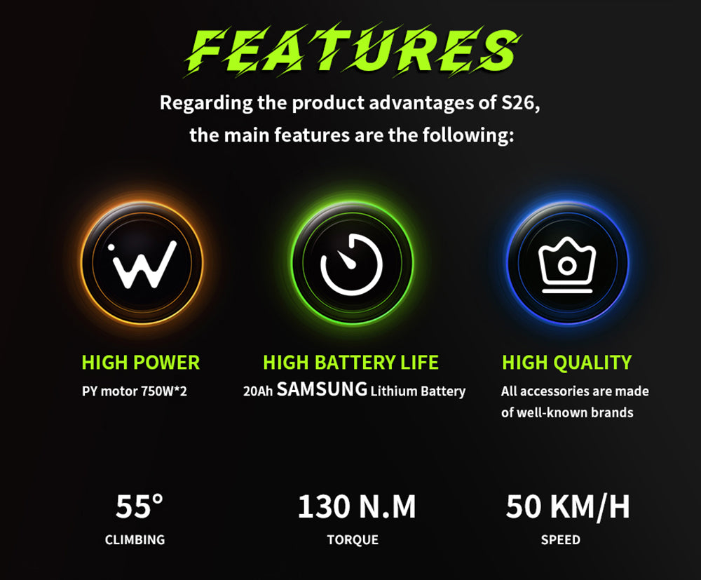 Elektrokolo DUOTTS S26, 750 W * 2 motory, maximální rychlost 50 km/h, nafukovací tlusté pneumatiky 26 x 4,0 palce, baterie LG 48 V 19,2 Ah, dojezd 120 km, převodovka Shimano 7 rychlostí, maximální nosnost 150 kg