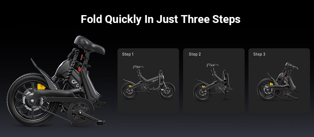 Elektrokolo DYU A16, motor 250 W, baterie 36 V 10 Ah, 16palcové pneumatiky, maximální rychlost 25 km/h, dojezd 55 km, dvojité kotoučové brzdy - černé