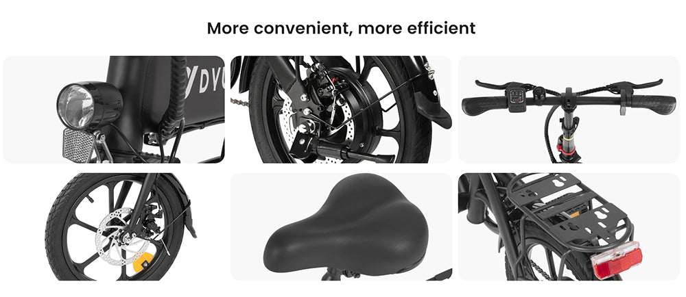 Skládací elektrokolo DYU A1F Pro, motor 250 W, baterie 36 V 7,5 Ah, pneumatiky 16*1,75 palce, maximální rychlost 25 km/h, maximální dojezd 40 km, přední a zadní kotoučové brzdy, LCD displej
