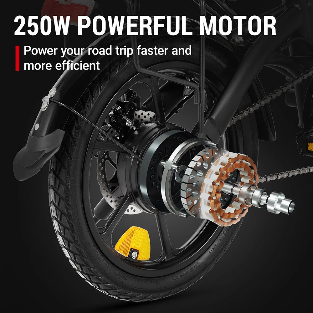 Skládací elektrokolo DYU A1F Pro, motor 250 W, baterie 36 V 7,5 Ah, pneumatiky 16*1,75 palce, maximální rychlost 25 km/h, maximální dojezd 40 km, přední a zadní kotoučové brzdy, LCD displej