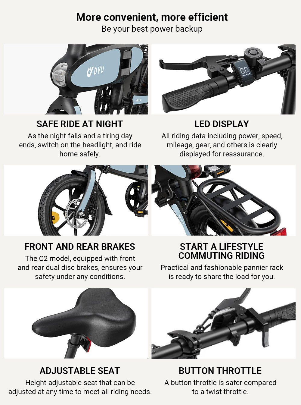 Elektrokolo DYU C2, motor 250 W, baterie 48 V 7,5 Ah, pneumatiky 16 x 2,5 palce, maximální rychlost 25 km/h, dojezd 40 km, dvojité kotoučové brzdy, LED displej