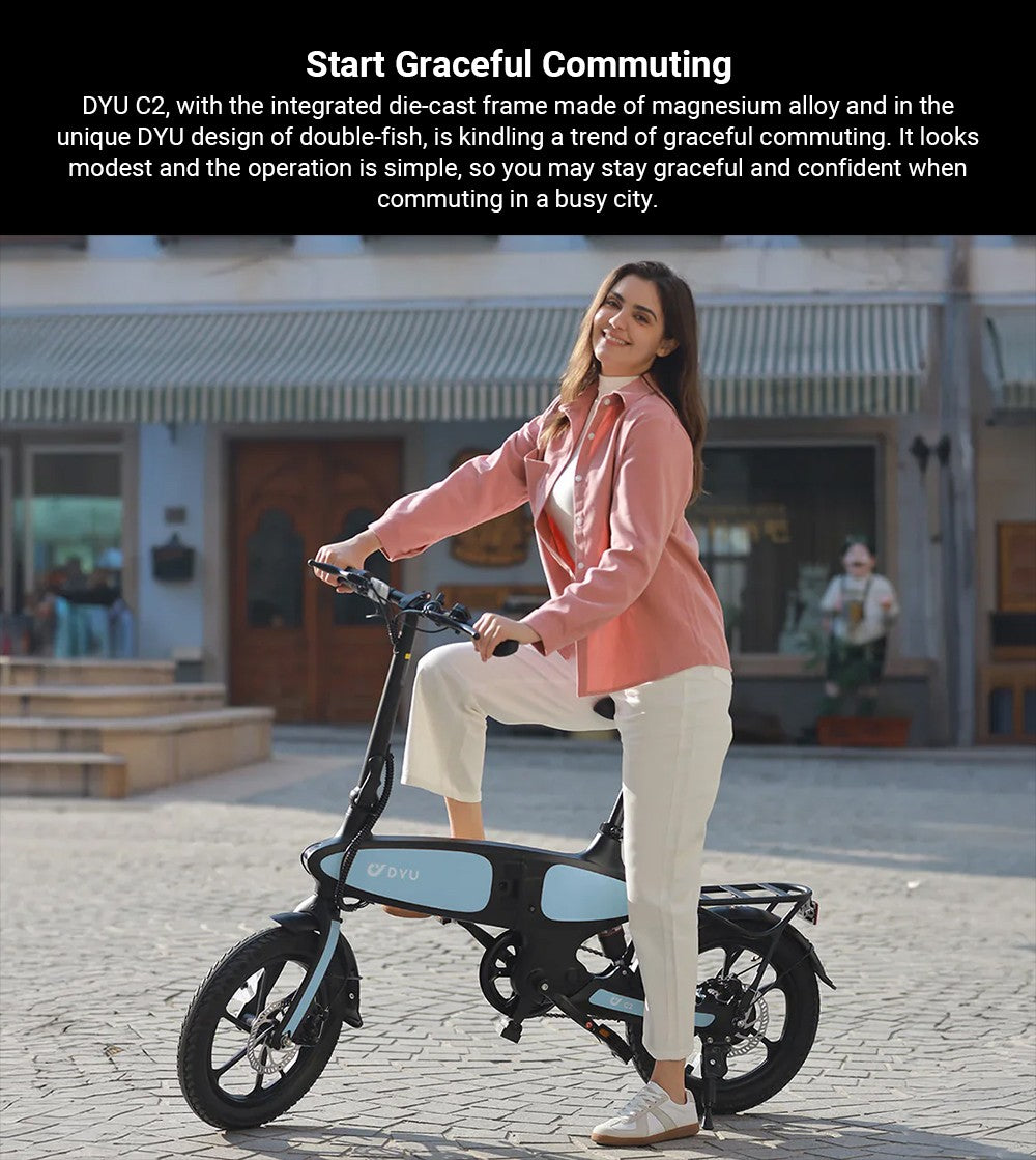 Elektrokolo DYU C2, motor 250 W, baterie 48 V 7,5 Ah, pneumatiky 16 x 2,5 palce, maximální rychlost 25 km/h, dojezd 40 km, dvojité kotoučové brzdy, LED displej