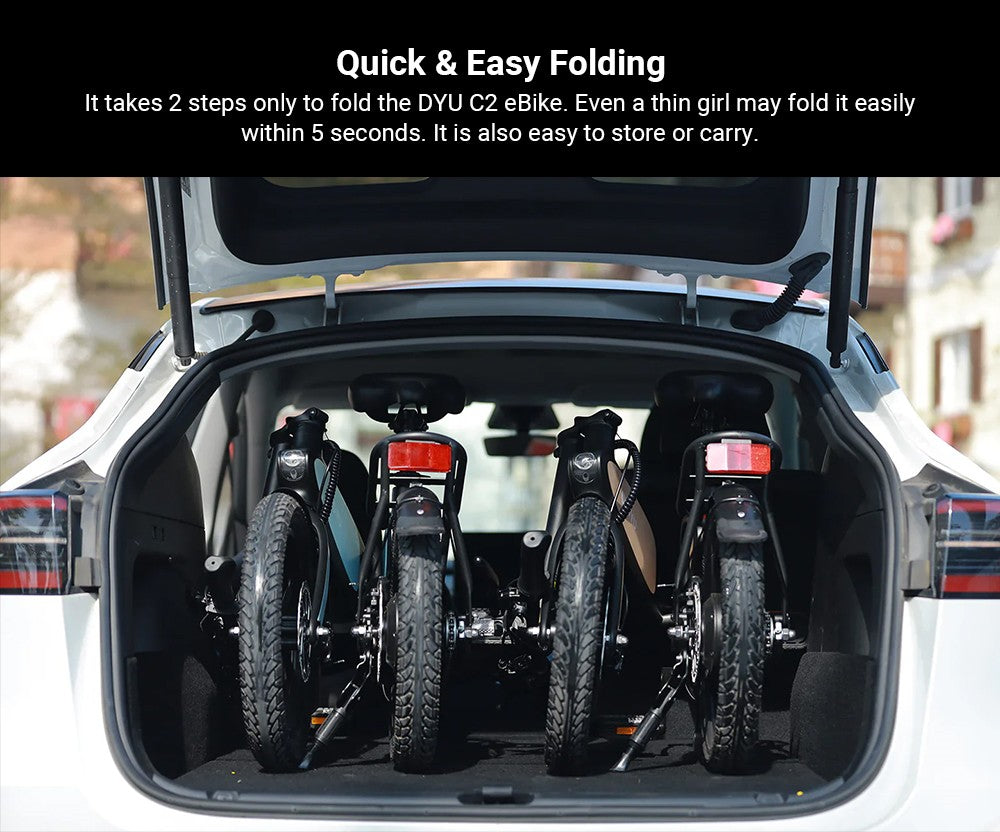 Elektrokolo DYU C2, motor 250 W, baterie 48 V 7,5 Ah, pneumatiky 16 x 2,5 palce, maximální rychlost 25 km/h, dojezd 40 km, dvojité kotoučové brzdy, LED displej