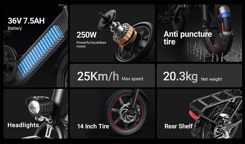 Skládací elektrokolo DYU C3, motor 250 W, baterie 36 V 7,5 Ah, 14palcové pneumatiky, maximální rychlost 25 km/h, dojezd 37 km, přední a zadní kotoučové brzdy