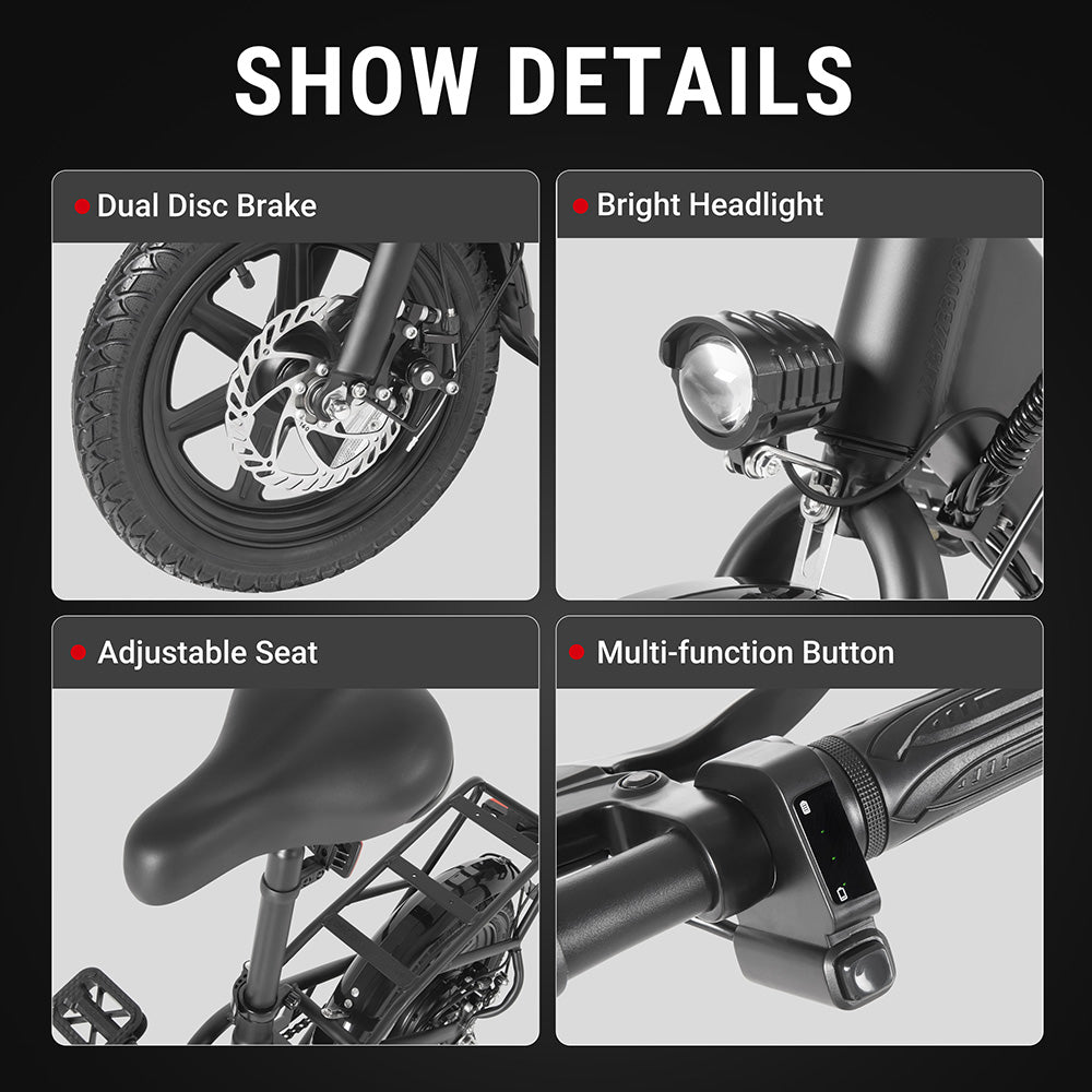 Skládací elektrokolo DYU C3, motor 250 W, baterie 36 V 7,5 Ah, 14palcové pneumatiky, maximální rychlost 25 km/h, dojezd 37 km, přední a zadní kotoučové brzdy