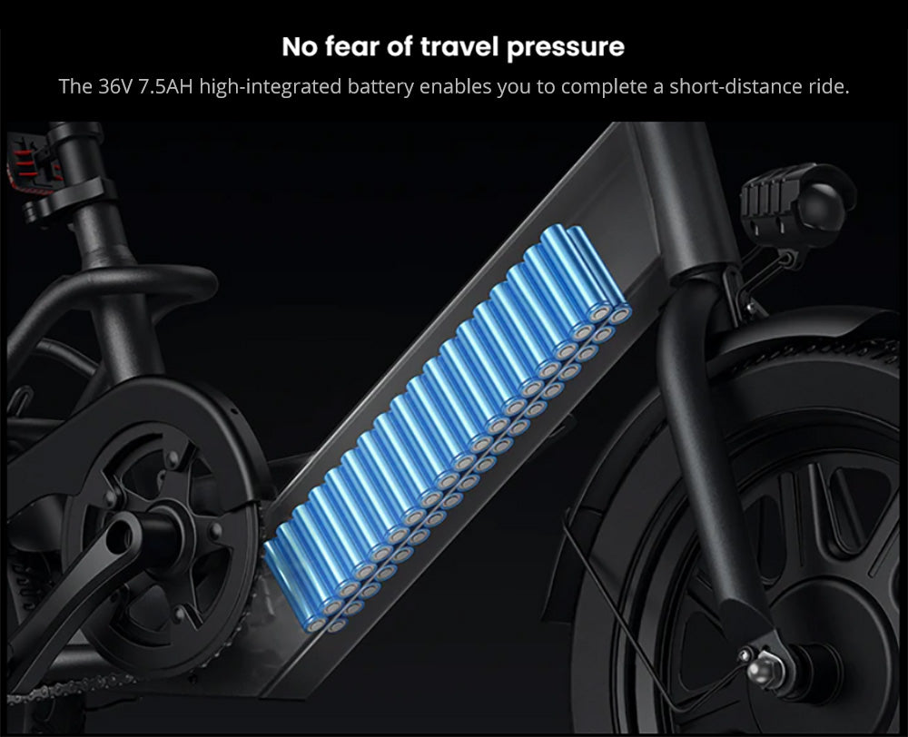 Skládací elektrokolo DYU C3, motor 250 W, baterie 36 V 7,5 Ah, 14palcové pneumatiky, maximální rychlost 25 km/h, dojezd 37 km, přední a zadní kotoučové brzdy