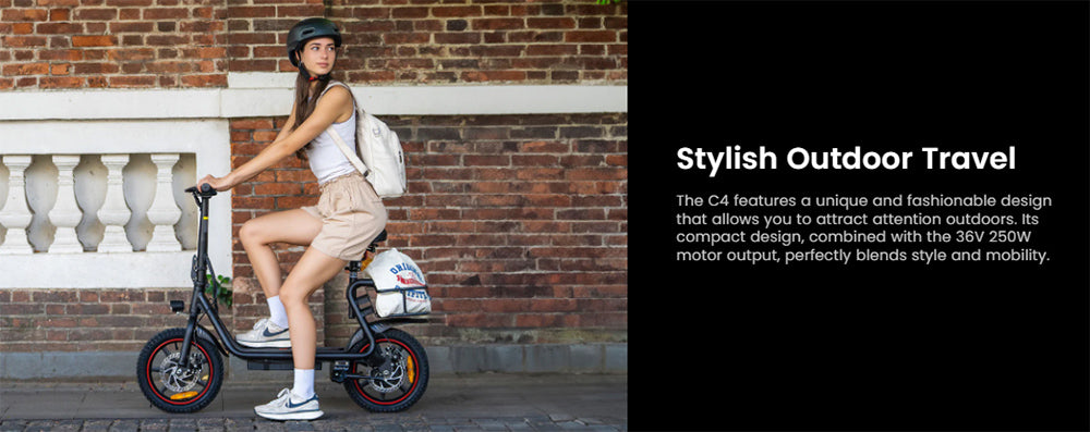 Skládací elektrická koloběžka DYU C4, motor 250 W, baterie 36 V 10 Ah, 14palcové pneumatiky, maximální rychlost 25 km/h, dojezd 42 km, přední a zadní kotoučové brzdy