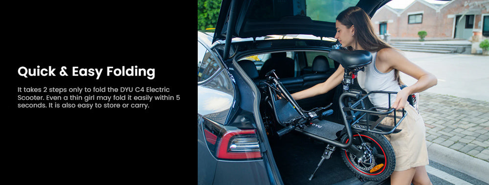 Skládací elektrická koloběžka DYU C4, motor 250 W, baterie 36 V 10 Ah, 14palcové pneumatiky, maximální rychlost 25 km/h, dojezd 42 km, přední a zadní kotoučové brzdy