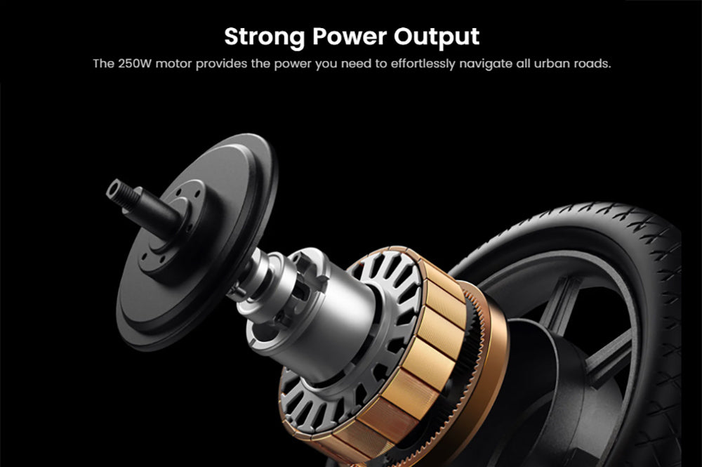 Skládací elektrická koloběžka DYU C4, motor 250 W, baterie 36 V 10 Ah, 14palcové pneumatiky, maximální rychlost 25 km/h, dojezd 42 km, přední a zadní kotoučové brzdy