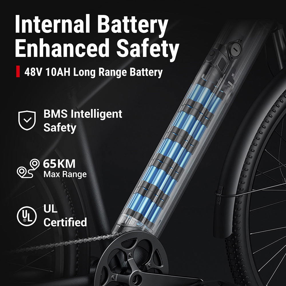 Městské elektrokolo DYU C5, motor 250 W, baterie 48 V 10 Ah, pneumatiky 27,5 palce, maximální rychlost 25 km/h, dojezd 65 km, dvojité kotoučové brzdy, řazení Shimano 7 rychlostí