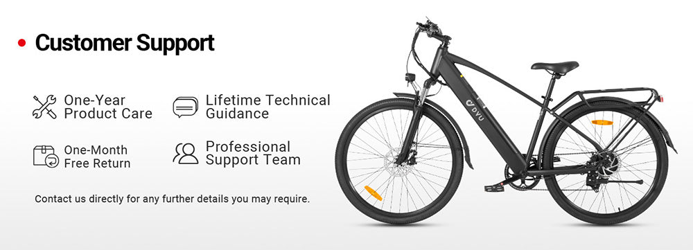 Městské elektrokolo DYU C5, motor 250 W, baterie 48 V 10 Ah, pneumatiky 27,5 palce, maximální rychlost 25 km/h, dojezd 65 km, dvojité kotoučové brzdy, řazení Shimano 7 rychlostí