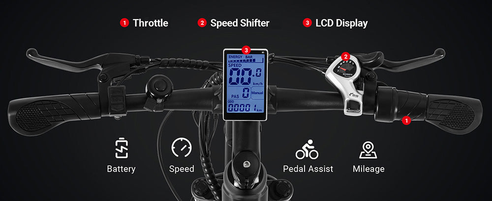 Městské elektrokolo DYU C5, motor 250 W, baterie 48 V 10 Ah, pneumatiky 27,5 palce, maximální rychlost 25 km/h, dojezd 65 km, dvojité kotoučové brzdy, řazení Shimano 7 rychlostí