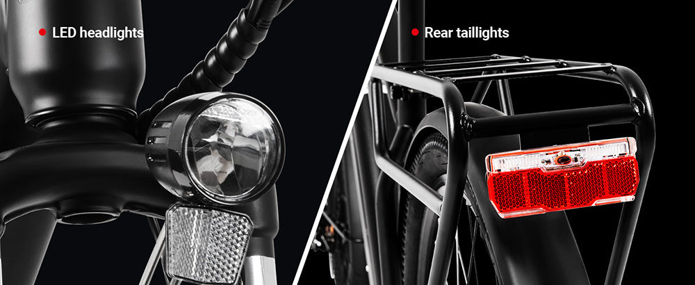 Městské elektrokolo DYU C5, motor 250 W, baterie 48 V 10 Ah, pneumatiky 27,5 palce, maximální rychlost 25 km/h, dojezd 65 km, dvojité kotoučové brzdy, řazení Shimano 7 rychlostí