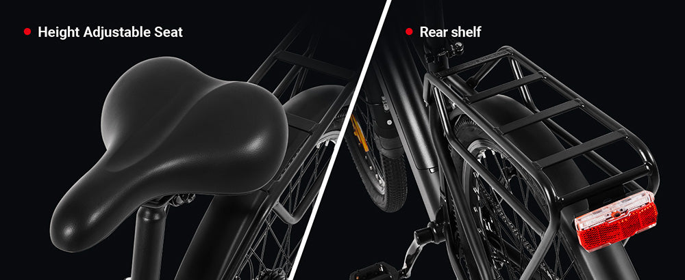 Městské elektrokolo DYU C5, motor 250 W, baterie 48 V 10 Ah, pneumatiky 27,5 palce, maximální rychlost 25 km/h, dojezd 65 km, dvojité kotoučové brzdy, řazení Shimano 7 rychlostí