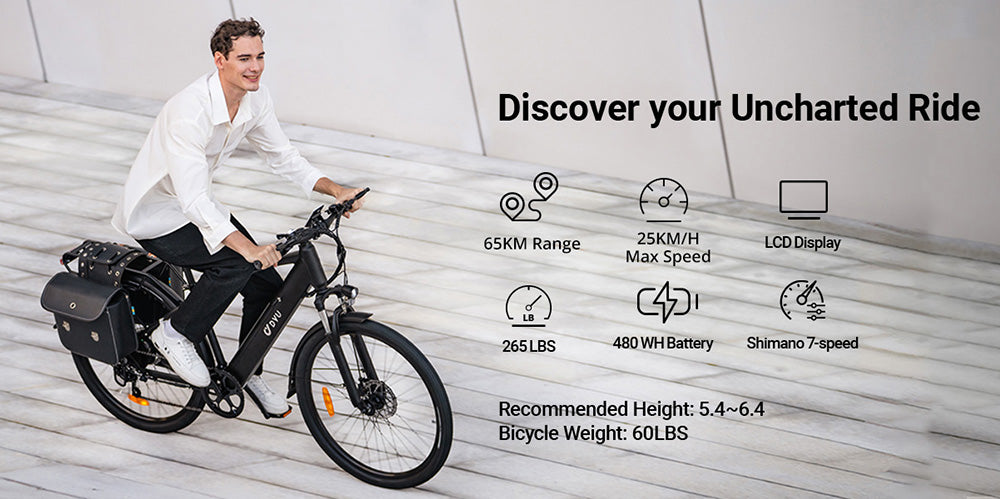 Městské elektrokolo DYU C5, motor 250 W, baterie 48 V 10 Ah, pneumatiky 27,5 palce, maximální rychlost 25 km/h, dojezd 65 km, dvojité kotoučové brzdy, řazení Shimano 7 rychlostí