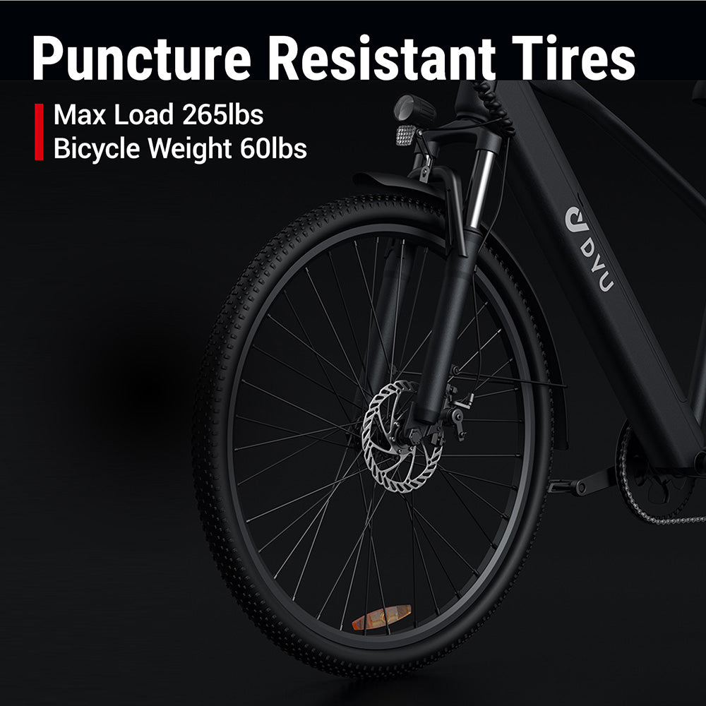 Městské elektrokolo DYU C5, motor 250 W, baterie 48 V 10 Ah, pneumatiky 27,5 palce, maximální rychlost 25 km/h, dojezd 65 km, dvojité kotoučové brzdy, řazení Shimano 7 rychlostí