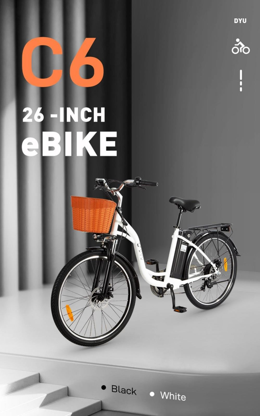 Elektrické kolo DYU C6, motor 350 W, maximální rychlost 25 km/h, baterie 36 V 12,5 Ah, maximální dojezd 70 km - černé