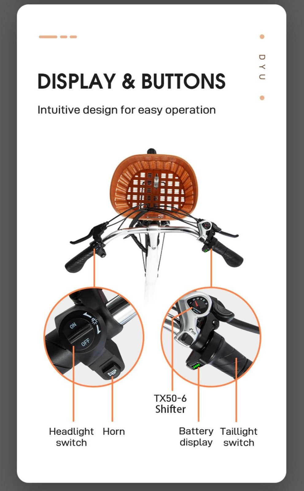 Elektrické kolo DYU C6, motor 350 W, maximální rychlost 25 km/h, baterie 36 V 12,5 Ah, maximální dojezd 70 km - černé