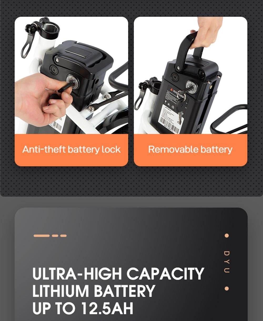 Elektrické kolo DYU C6, motor 350 W, maximální rychlost 25 km/h, baterie 36 V 12,5 Ah, maximální dojezd 70 km - černé