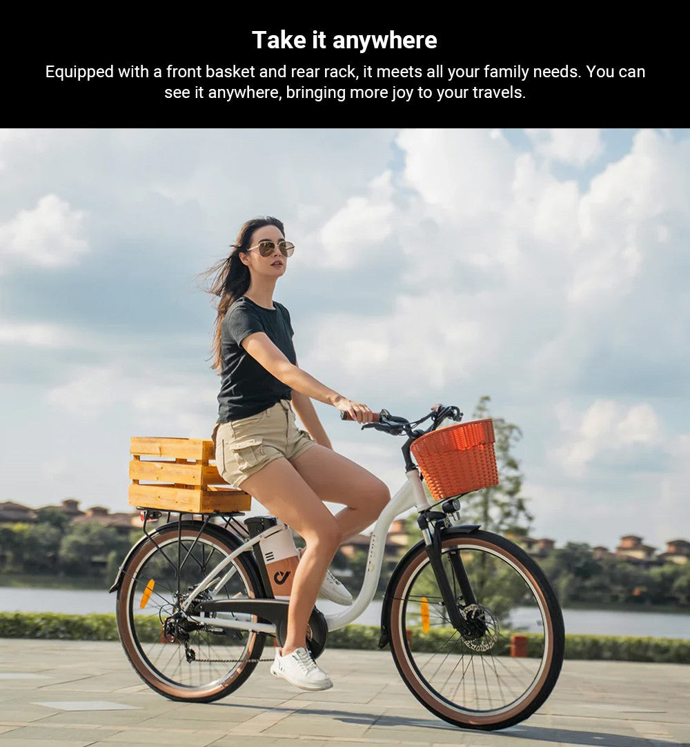 Elektrokolo DYU C6 Pro, motor 250 W, baterie 36 V 15,6 Ah, pneumatiky 26 x 2,125 palce, maximální rychlost 25 km/h, dojezd 80 km, kotoučová brzda, odpružená přední vidlice, řazení Shimano 7 rychlostí, LED displej - bílé