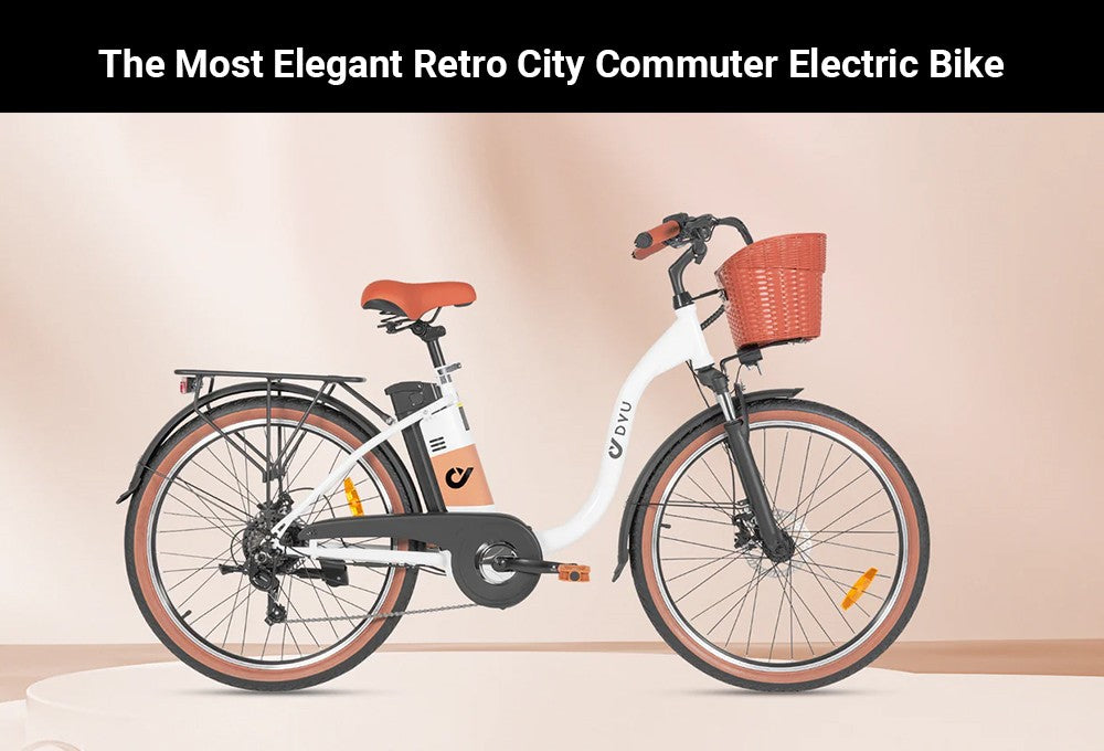 Elektrokolo DYU C6 Pro, motor 250 W, baterie 36 V 15,6 Ah, pneumatiky 26 x 2,125 palce, maximální rychlost 25 km/h, dojezd 80 km, kotoučová brzda, odpružená přední vidlice, řazení Shimano 7 rychlostí, LED displej - bílé