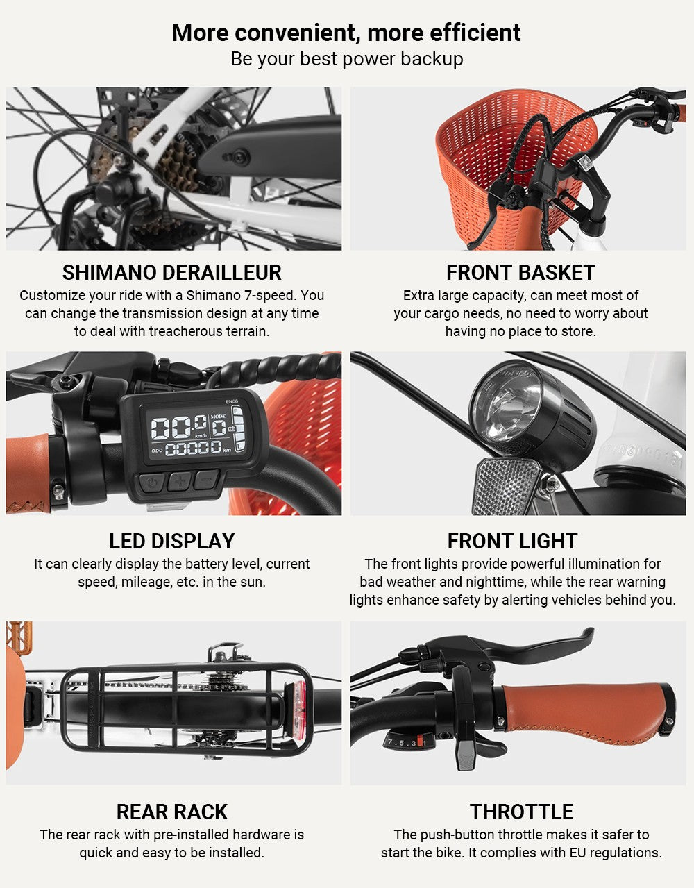 Elektrokolo DYU C6 Pro, motor 250 W, baterie 36 V 15,6 Ah, pneumatiky 26 x 2,125 palce, maximální rychlost 25 km/h, dojezd 80 km, kotoučová brzda, odpružená přední vidlice, řazení Shimano 7 rychlostí, LED displej - bílé