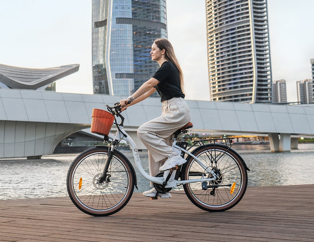 Elektrokolo DYU C6 Pro, motor 250 W, baterie 36 V 15,6 Ah, pneumatiky 26 x 2,125 palce, maximální rychlost 25 km/h, dojezd 80 km, kotoučová brzda, odpružená přední vidlice, řazení Shimano 7 rychlostí, LED displej - bílé