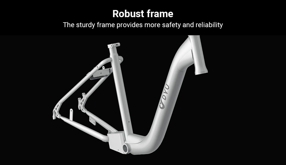 Elektrokolo DYU C6 Pro, motor 250 W, baterie 36 V 15,6 Ah, pneumatiky 26 x 2,125 palce, maximální rychlost 25 km/h, dojezd 80 km, kotoučová brzda, odpružená přední vidlice, řazení Shimano 7 rychlostí, LED displej - bílé