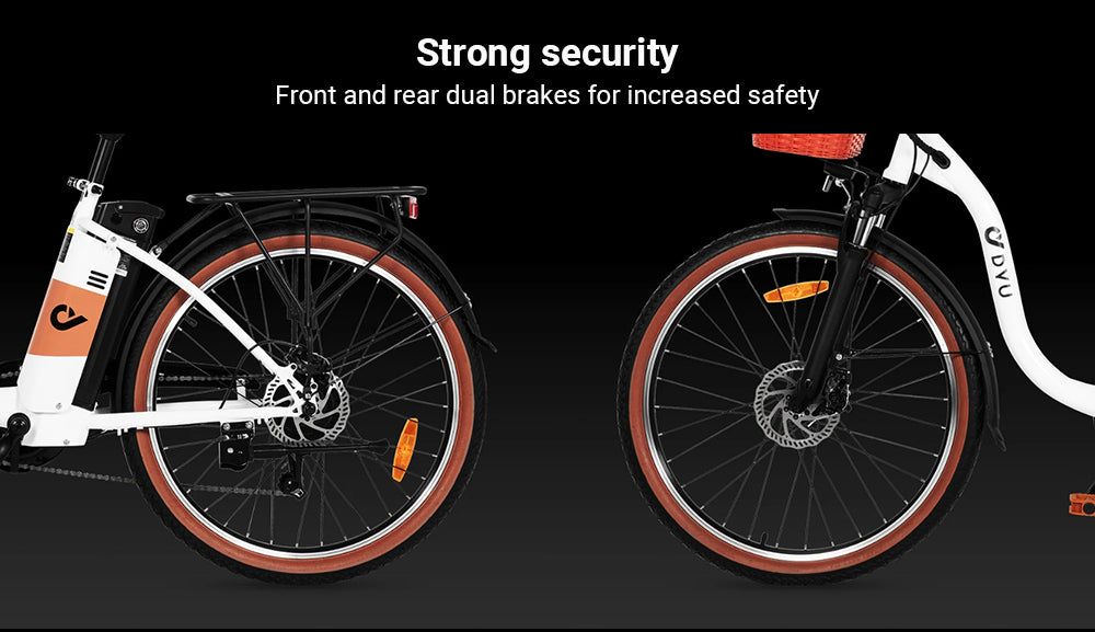 Elektrokolo DYU C6 Pro, motor 250 W, baterie 36 V 15,6 Ah, pneumatiky 26 x 2,125 palce, maximální rychlost 25 km/h, dojezd 80 km, kotoučová brzda, odpružená přední vidlice, řazení Shimano 7 rychlostí, LED displej - bílé