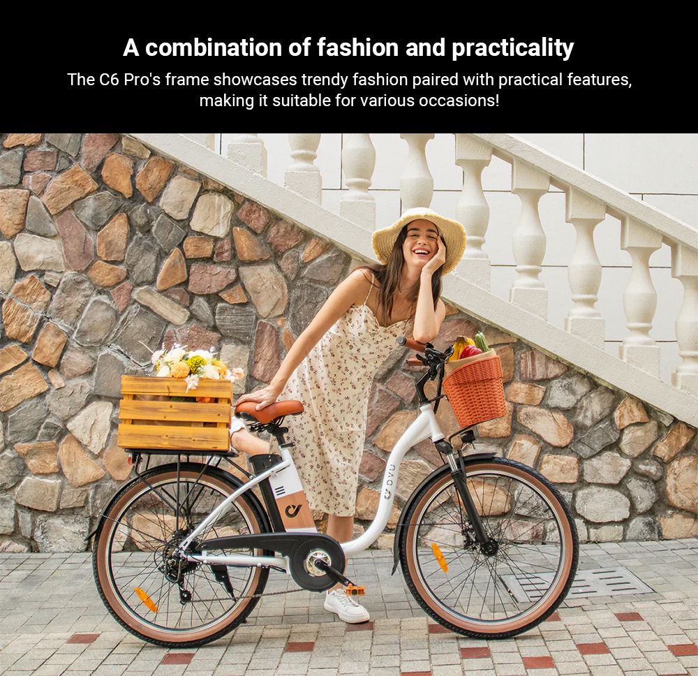 Elektrokolo DYU C6 Pro, motor 250 W, baterie 36 V 15,6 Ah, pneumatiky 26 x 2,125 palce, maximální rychlost 25 km/h, dojezd 80 km, kotoučová brzda, odpružená přední vidlice, řazení Shimano 7 rychlostí, LED displej - bílé