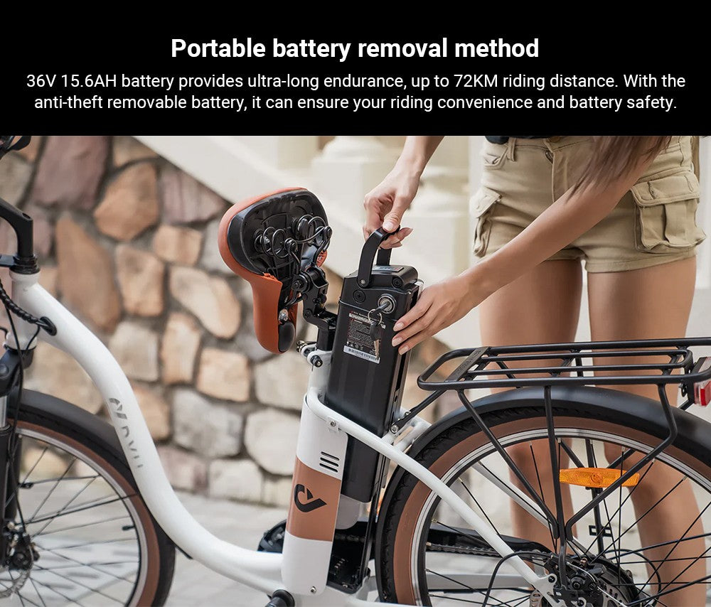 Elektrokolo DYU C6 Pro, motor 250 W, baterie 36 V 15,6 Ah, pneumatiky 26 x 2,125 palce, maximální rychlost 25 km/h, dojezd 80 km, kotoučová brzda, odpružená přední vidlice, řazení Shimano 7 rychlostí, LED displej - bílé