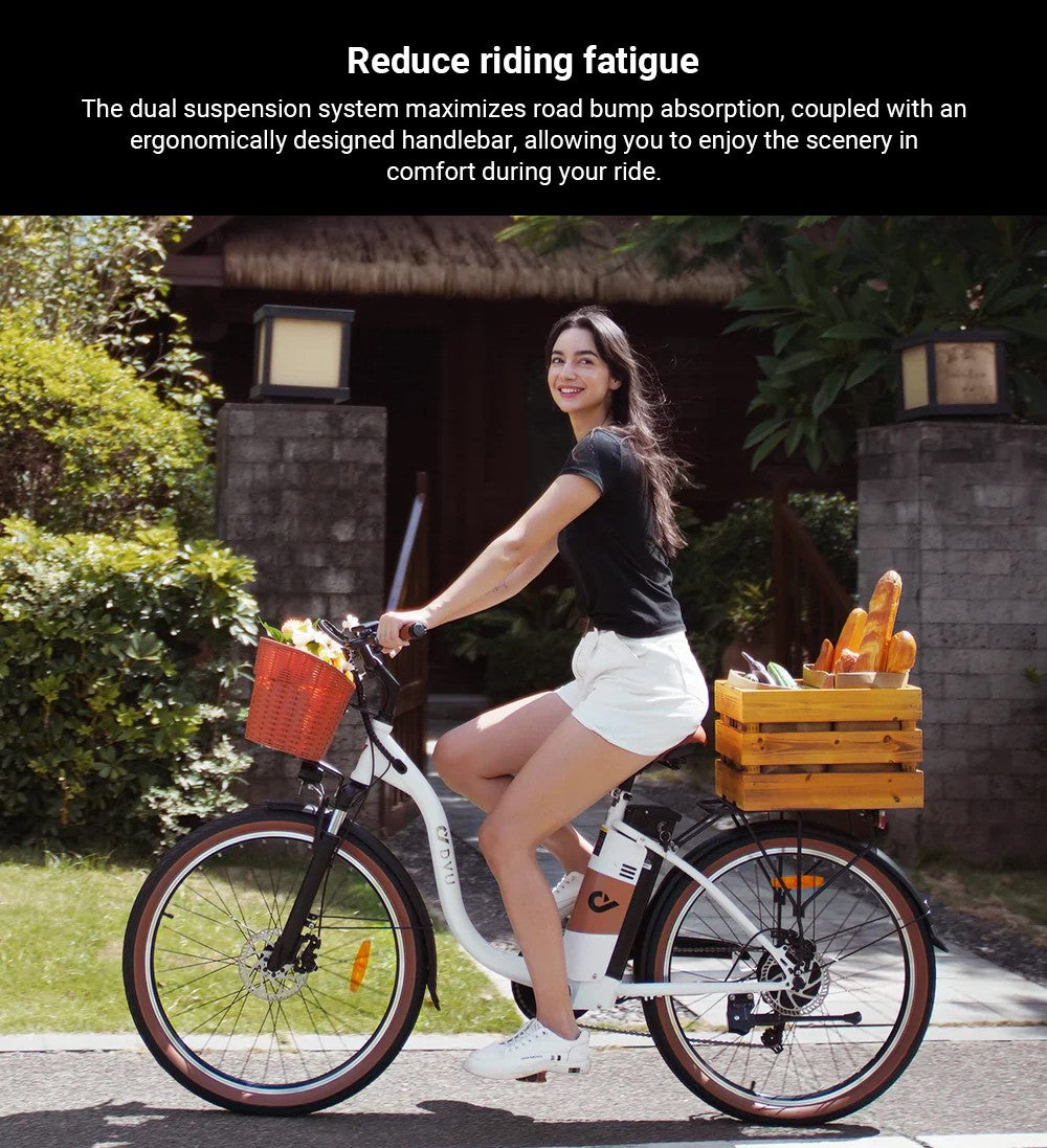 Elektrokolo DYU C6 Pro, motor 250 W, baterie 36 V 15,6 Ah, pneumatiky 26 x 2,125 palce, maximální rychlost 25 km/h, dojezd 80 km, kotoučová brzda, odpružená přední vidlice, řazení Shimano 7 rychlostí, LED displej - bílé