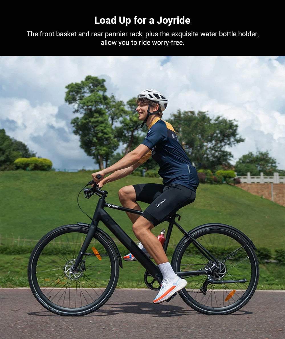 Elektrokolo DYU Stroll 1, motor 250 W, baterie 36 V 9 Ah, pneumatiky CST 700*38C, maximální rychlost 25 km/h, dojezd 100 km, dvojitá hydraulická kotoučová brzda, řazení Shimano 7 rychlostí, LED displej - stříbrné