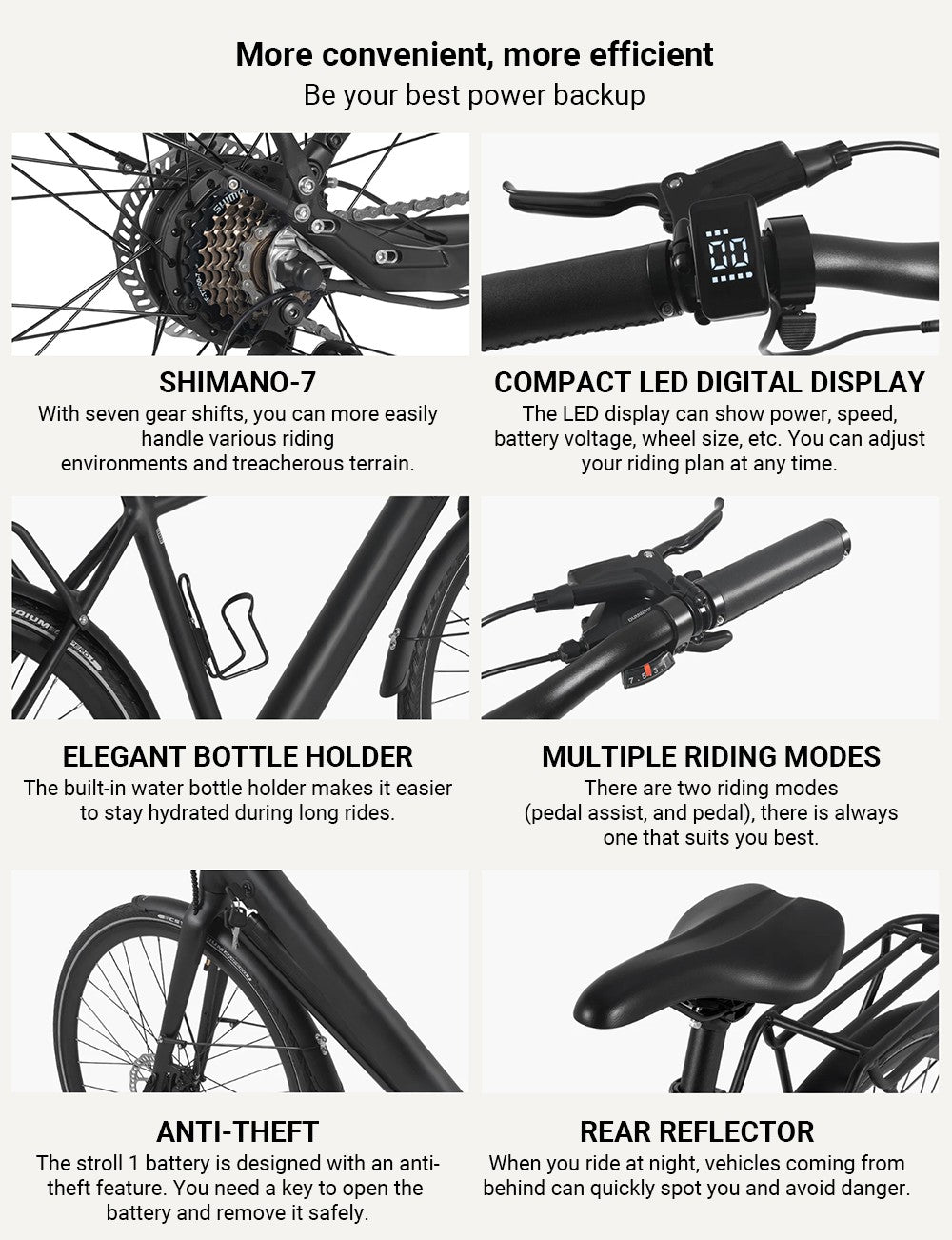 Elektrokolo DYU Stroll 1, motor 250 W, baterie 36 V 9 Ah, pneumatiky CST 700*38C, maximální rychlost 25 km/h, dojezd 100 km, dvojitá hydraulická kotoučová brzda, řazení Shimano 7 rychlostí, LED displej - stříbrné