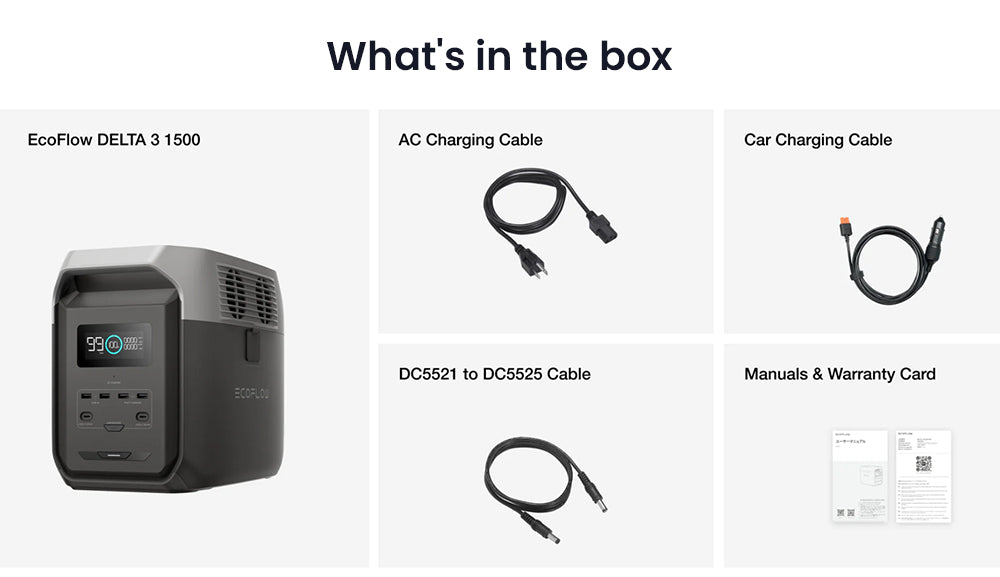 Přenosná elektrárna EcoFlow DELTA 3 1500, baterie LFP 1536 Wh, solární generátor 1800 W, 15 zásuvek, UPS <15 ms, rozšiřitelná až na 5,5 kWh, ovládání aplikací, krytí IP65, rychlé nabíjení za 1,5 hodiny, pro domácí zálohování, venkovní kempování a obytné vozy, černá