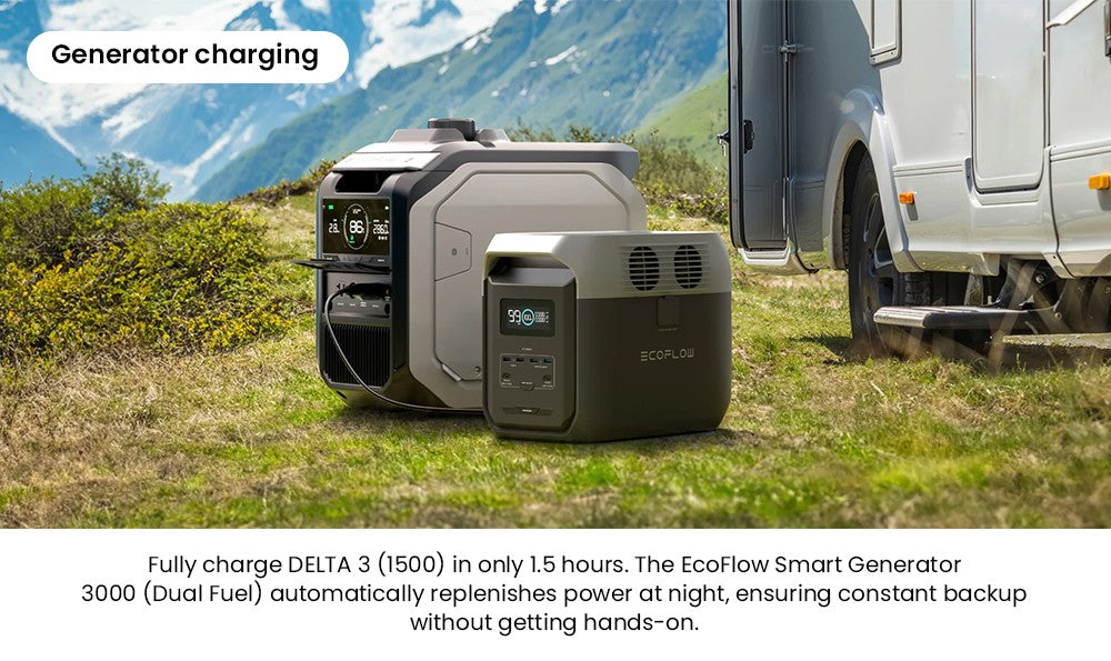 Přenosná elektrárna EcoFlow DELTA 3 1500, baterie LFP 1536 Wh, solární generátor 1800 W, 15 zásuvek, UPS <15 ms, rozšiřitelná až na 5,5 kWh, ovládání aplikací, krytí IP65, rychlé nabíjení za 1,5 hodiny, pro domácí zálohování, venkovní kempování a obytné vozy, černá