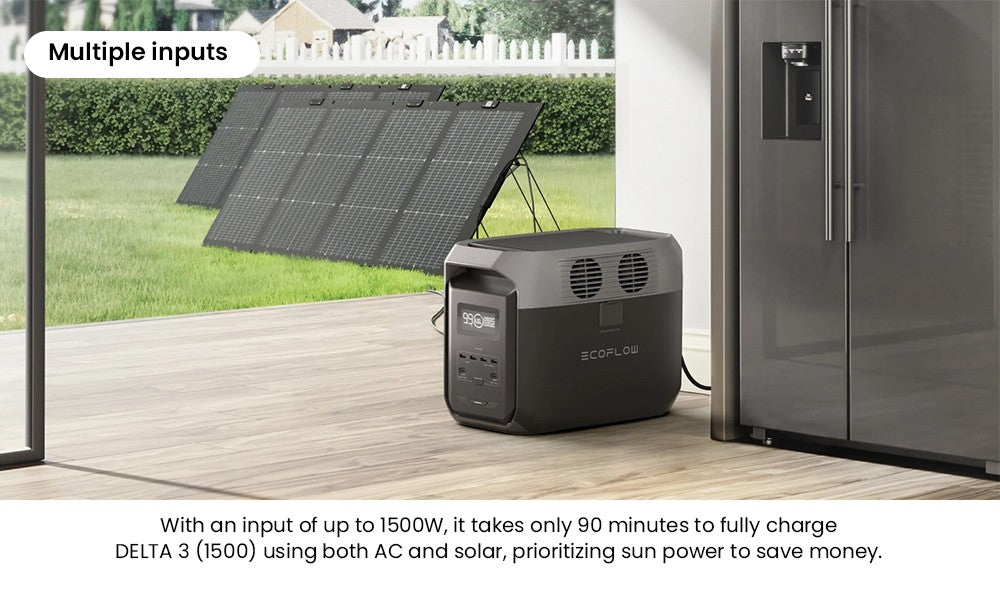 Přenosná elektrárna EcoFlow DELTA 3 1500, baterie LFP 1536 Wh, solární generátor 1800 W, 15 zásuvek, UPS <15 ms, rozšiřitelná až na 5,5 kWh, ovládání aplikací, krytí IP65, rychlé nabíjení za 1,5 hodiny, pro domácí zálohování, venkovní kempování a obytné vozy, černá