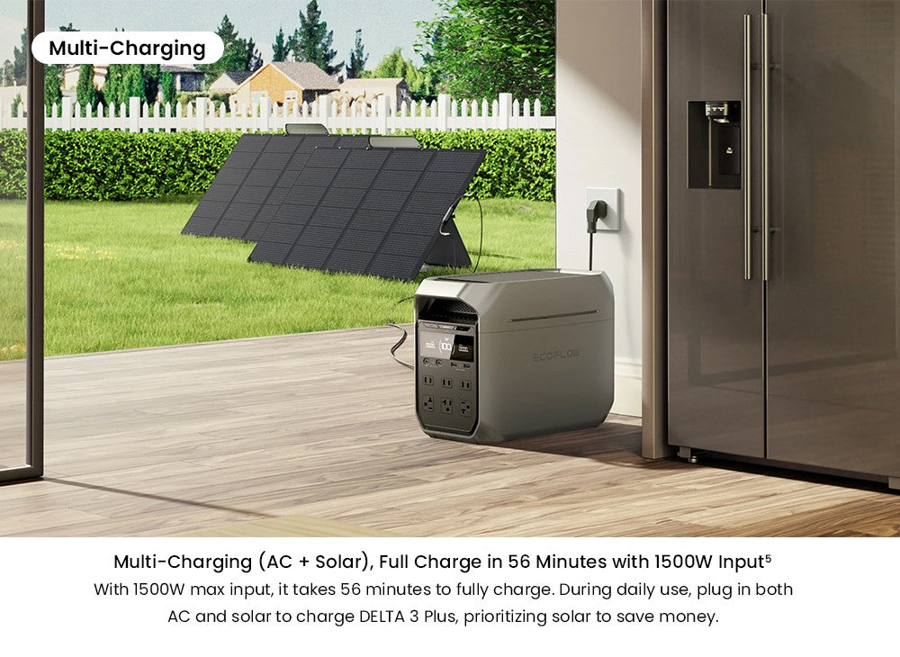 Přenosná elektrárna EcoFlow DELTA 3 Plus, 1024Wh LFP baterie, 1800W solární generátor, 13 zásuvek, UPS <10ms a hlučnost <30dB, rozšiřitelná až na 5kWh, ovládání aplikací, krytí IP65, rychlé nabíjení za 56 minut, pro domácí zálohování, kempování a obytné vozy