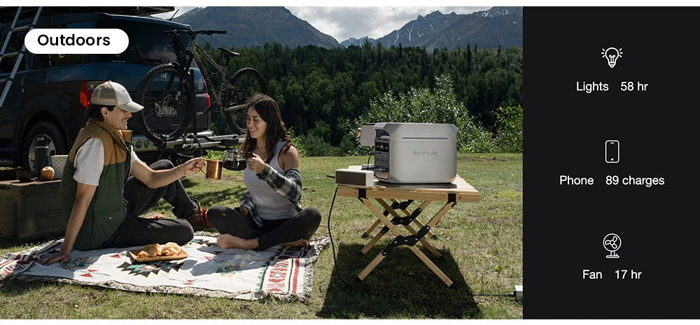 Přenosná elektrárna EcoFlow DELTA 3 Plus, 1024Wh LFP baterie, 1800W solární generátor, 13 zásuvek, UPS <10ms a hlučnost <30dB, rozšiřitelná až na 5kWh, ovládání aplikací, krytí IP65, rychlé nabíjení za 56 minut, pro domácí zálohování, kempování a obytné vozy