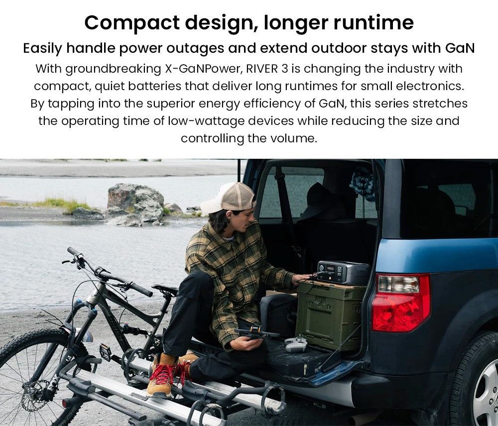 Přenosná elektrárna EcoFlow RIVER 3, baterie LiFePO4 245 Wh, výstupní výkon 300 W až 600 W AC, 6 zásuvek, UPS <20 ms a <30 dB, vodotěsnost IP54, solární generátor s rychlým nabíjením za 1 hodinu, pro venkovní/kempování/domácí použití