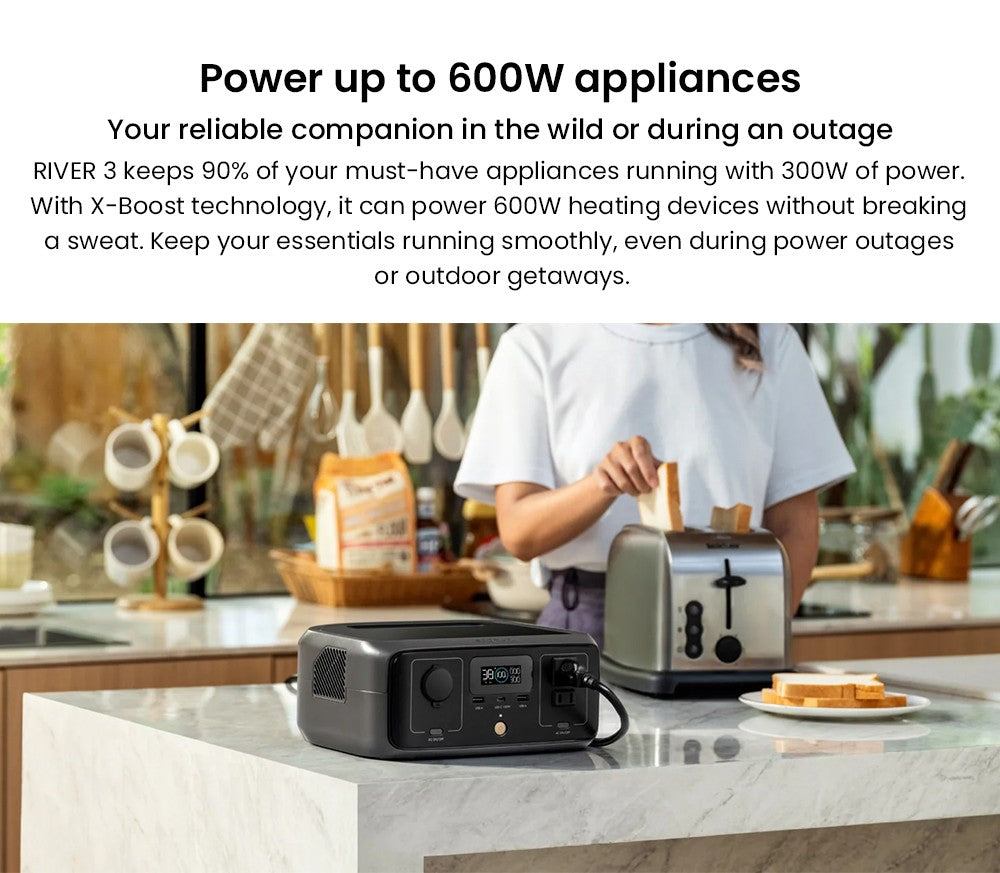 Přenosná elektrárna EcoFlow RIVER 3, baterie LiFePO4 245 Wh, výstupní výkon 300 W až 600 W AC, 6 zásuvek, UPS <20 ms a <30 dB, vodotěsnost IP54, solární generátor s rychlým nabíjením za 1 hodinu, pro venkovní/kempování/domácí použití
