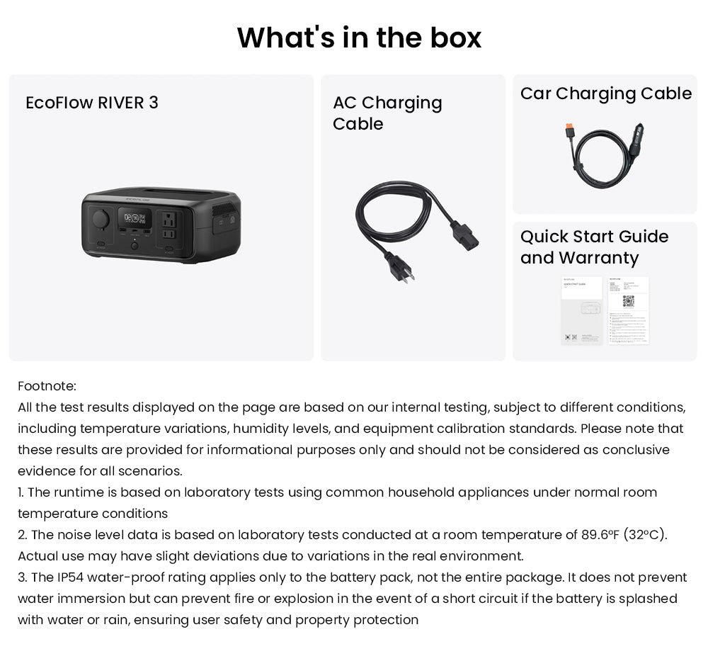 Přenosná elektrárna EcoFlow RIVER 3, baterie LiFePO4 245 Wh, výstupní výkon 300 W až 600 W AC, 6 zásuvek, UPS <20 ms a <30 dB, vodotěsnost IP54, solární generátor s rychlým nabíjením za 1 hodinu, pro venkovní/kempování/domácí použití