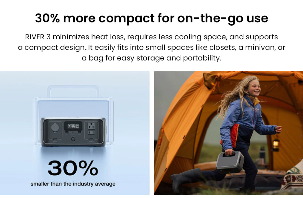 Přenosná elektrárna EcoFlow RIVER 3, baterie LiFePO4 245 Wh, výstupní výkon 300 W až 600 W AC, 6 zásuvek, UPS <20 ms a <30 dB, vodotěsnost IP54, solární generátor s rychlým nabíjením za 1 hodinu, pro venkovní/kempování/domácí použití