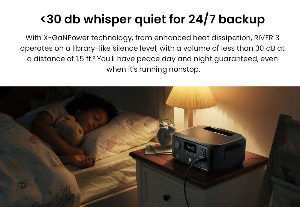 Přenosná elektrárna EcoFlow RIVER 3, baterie LiFePO4 245 Wh, výstupní výkon 300 W až 600 W AC, 6 zásuvek, UPS <20 ms a <30 dB, vodotěsnost IP54, solární generátor s rychlým nabíjením za 1 hodinu, pro venkovní/kempování/domácí použití