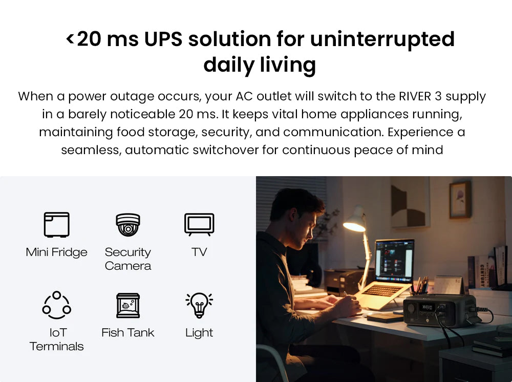 Přenosná elektrárna EcoFlow RIVER 3, baterie LiFePO4 245 Wh, výstupní výkon 300 W až 600 W AC, 6 zásuvek, UPS <20 ms a <30 dB, vodotěsnost IP54, solární generátor s rychlým nabíjením za 1 hodinu, pro venkovní/kempování/domácí použití