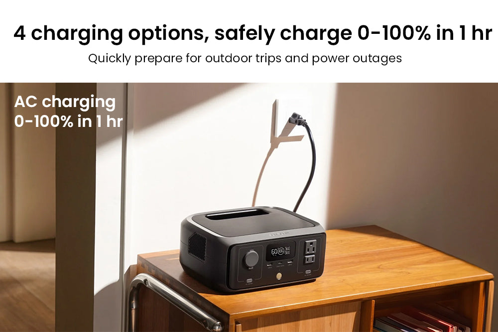 Přenosná elektrárna EcoFlow RIVER 3, baterie LiFePO4 245 Wh, výstupní výkon 300 W až 600 W AC, 6 zásuvek, UPS <20 ms a <30 dB, vodotěsnost IP54, solární generátor s rychlým nabíjením za 1 hodinu, pro venkovní/kempování/domácí použití