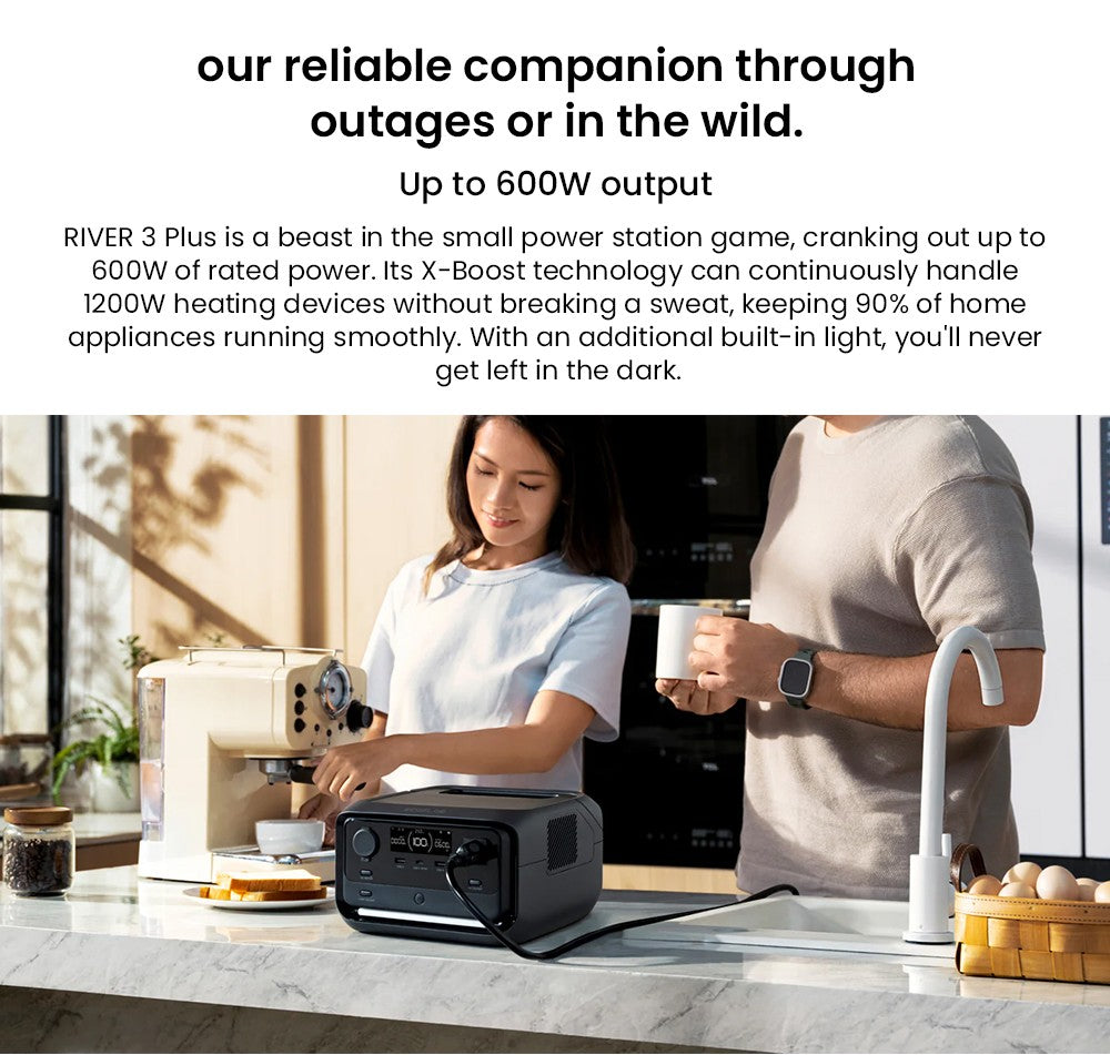 Přenosná elektrárna EcoFlow RIVER 3 Plus, baterie LiFePO4 286 Wh, výstupní výkon 600 W až 1200 W AC, 7 zásuvek, UPS <10 ms a hluk <30 dB, rozšiřitelná až na 858 Wh, ovládání aplikací, solární generátor s rychlým nabíjením za 1 hodinu pro venkovní kempování/obytné vozy/domácí použití