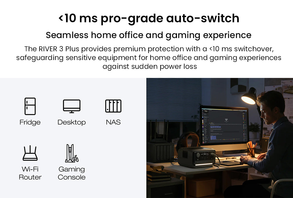 Přenosná elektrárna EcoFlow RIVER 3 Plus, baterie LiFePO4 286 Wh, výstupní výkon 600 W až 1200 W AC, 7 zásuvek, UPS <10 ms a hluk <30 dB, rozšiřitelná až na 858 Wh, ovládání aplikací, solární generátor s rychlým nabíjením za 1 hodinu pro venkovní kempování/obytné vozy/domácí použití